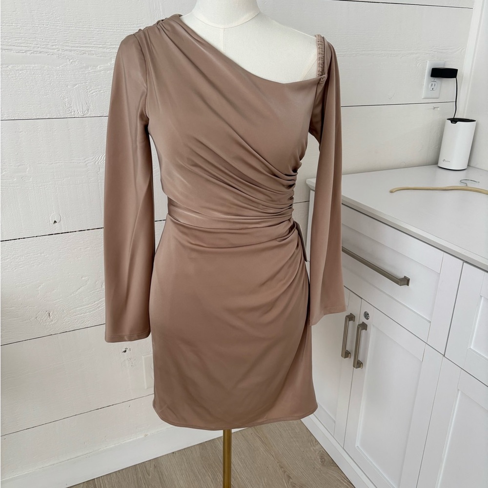 Alyce Paris 27557 Taupe One Shoulder Ruched Cocktail Dress Spring 2024 Sz 2